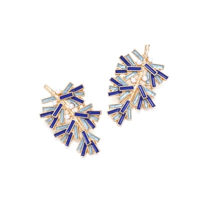 Close-up of leaf-shaped earrings with blue enamel petals and small white pearls