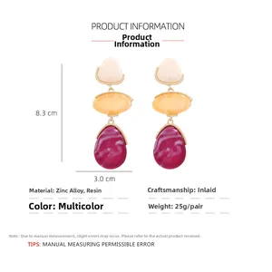 Detailed view of 8.3cm geometric resin drop earrings showing size and zinc alloy inlay