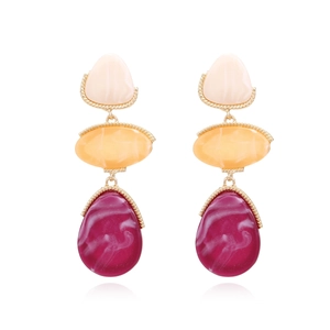 Retro Geometric Dangle Earrings With Zinc Alloy And Colorful Resin Marble Texture Layered Drop Jewelry For Women