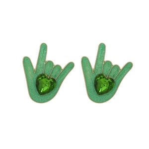 Boucles d'oreilles cœur vert avec paume en cristal et finition dorée mate