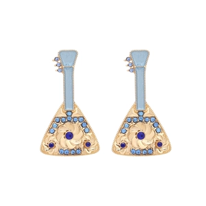 Boucles d'oreilles pipa vintage avec émail bleu et cristaux scintillants en doré