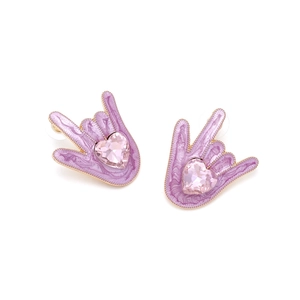 Boucles d'oreilles geste I love you avec cristal cœur rose et finition marbre mauve