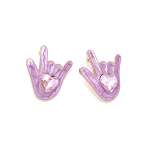 Boucles d'oreilles geste de la main en émail violet avec strass cœur rose et or