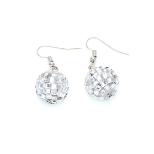 Boucles d'oreilles boule disco argentées avec facettes miroir et crochets longs