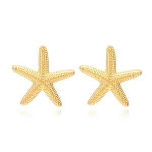 Golden Starfish Stud Earrings Alloy Textured Sea Creature Design Ocean Beach Style Elegant Simple Jewelry For Women