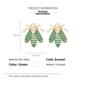 Size and material details for green enamel bee earrings in zinc alloy, 3.9cm by 3.6cm