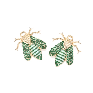 Cute enamel bee stud earrings with green scaled wings and gold metal plating for women