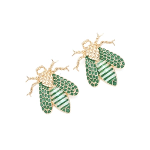 Golden alloy cicada stud earrings with green enamel wings and striped insect body details