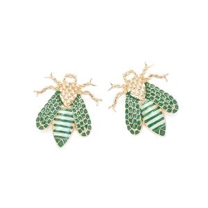 Cute gold honeybee stud earrings with green and white enamel stripes for women