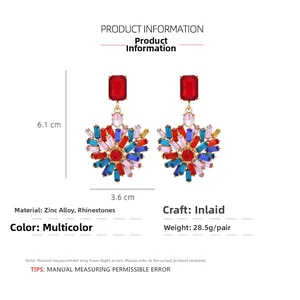 Detailed size chart for bohemian heart earrings featuring colorful rhinestones