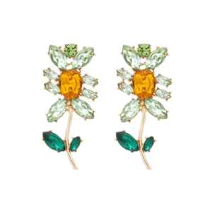 Elegante Sonnenblumen-Ohrstecker mit gelben Kristallen und grünen Strasssteinen in Gold