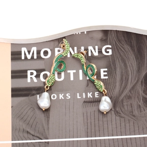 Golden snake drop earrings with green enamel, crystals and hanging baroque pearls