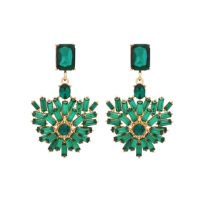 Elegant gold drop earrings with green rectangular crystals in a fan-shaped design