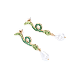 Snake drop earrings with green rhinestones, gold plating and baroque pearls on white background