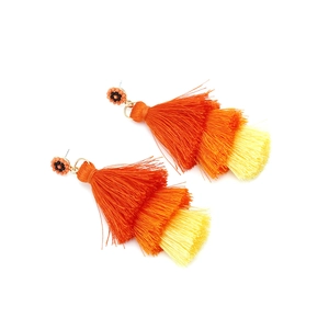 Bohemian three-tier tassel earrings with orange gradient beads and embroidered top studs