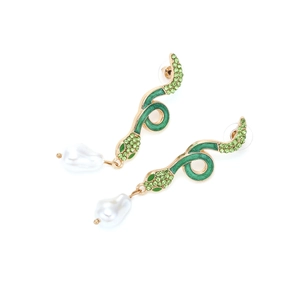 Green enamel snake earrings with pave crystals and baroque pearl drops on white background