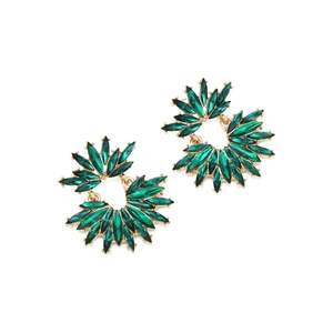 Close-up of sparkling green marquise-cut crystals in a golden sunburst earring design