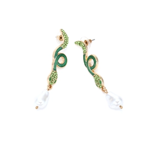Detail of snake drop earrings with green crystals and a white baroque pearl drop