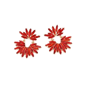 Detailed close-up of radiant red crystal floral earrings with golden alloy frame