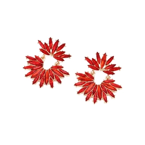 Detailed macro view of Bohemian red crystal flower earrings with gold-plated metal base