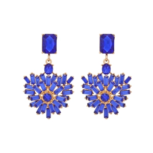 Luxury gold-plated heart earrings featuring deep blue crystals and a fan-shaped design