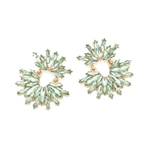 Detailed macro view of gold-tone floral earrings with marquise-cut green crystals