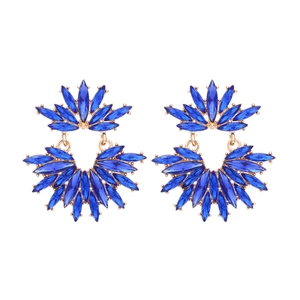 Elegant gold earrings with radial blue marquise crystals in a floral fan-shaped design