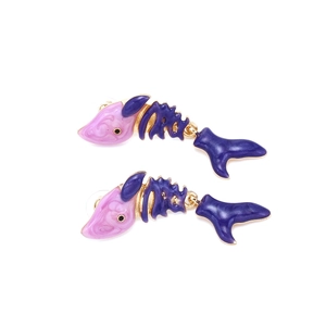 Cute gold-plated fishbone stud earrings with pink and purple enamel finish for women
