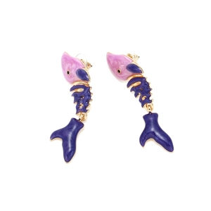 Detailed view of fishbone earrings featuring pink and purple enamel on gold plated metal