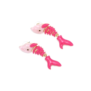 Detailed view of pink fish bone earrings featuring marble resin and colorful enamel finish