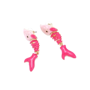 Cute pink fishbone stud earrings made of colorful enamel and polished alloy for women