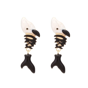 Creative bird head and fish bone enamel stud earrings with unique black and white contrast