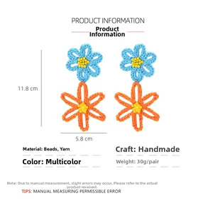 Detail showing blue and orange hand-knitted crochet flower earrings with bead centers