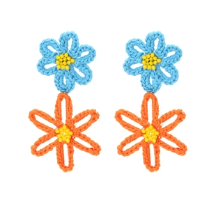 Handmade crochet earrings featuring layered blue and orange floral designs with yellow beads