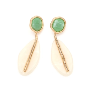 Detail of geometric resin drop earrings with gold snake chain and marble texture design