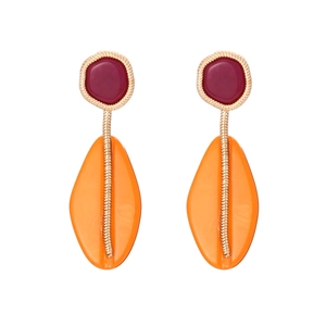 Chic geometric resin drop earrings with orange and purple resin in gold frames