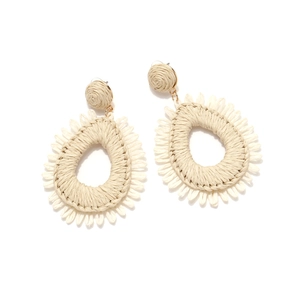 Bohemian handmade raffia teardrop earrings with fringe detail and golden stud