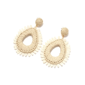 Bohemian beige teardrop raffia earrings with handmade fringe details for women