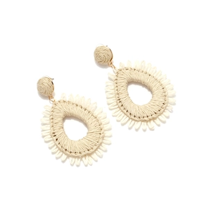 Bohemian handmade woven raffia drop earrings with teardrop fringe and round studs