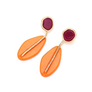 Modern geometric resin drop earrings featuring purple rectangles and orange leaf pendants