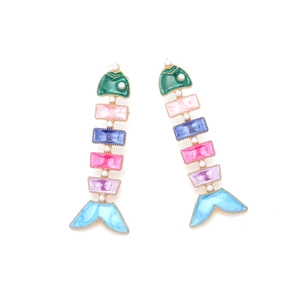 Détails de boucles d'oreilles arête de poisson en émail coloré avec placage d'or et perles