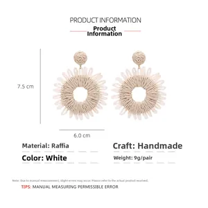 Detailed size specifications for handmade raffia sunflower earrings in beige