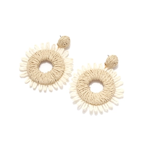 Handmade woven raffia sunflower drop earrings in cream white for a bohemian summer look