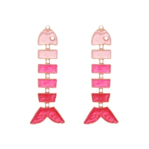 Boucles d'oreilles arête de poisson dégradé rose avec émail coloré et perles dorées
