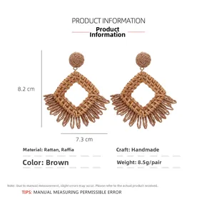 Detailed size chart for handmade bohemian raffia tassel earrings in brown rattan
