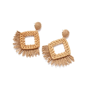 Bohemian raffia tassel earrings with square woven geometric design in natural straw tone