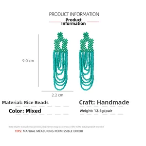 Detailed size specifications of handmade beaded tassel earrings in turquoise mix colors