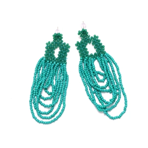 Handmade Bohemian multilayer beaded tassel earrings with green geometric seed beads
