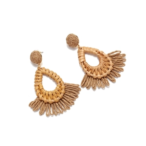 Bohemian handmade raffia fan fringe drop earrings with natural woven textures