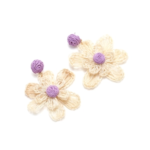 Handmade raffia flower earrings in yellow and purple with Bohemian woven texture